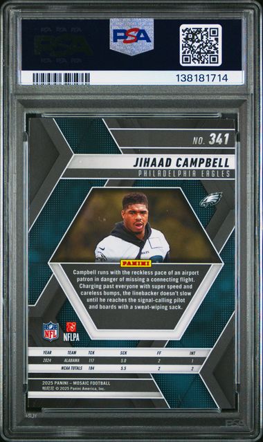 Graded 2025 Panini Mosaic Jihaad Campbell #341 Rookie RC Football Card PSA 10 Gem Mint - Image 2
