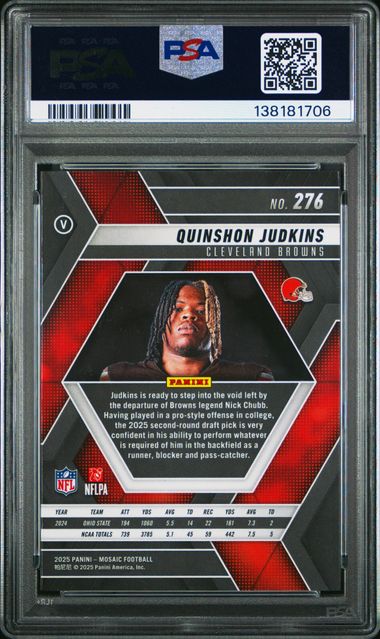 Graded 2025 Panini Mosaic Quinshon Judkins #276 Variation Rookie RC Football Card PSA 10 Gem Mint - Image 2