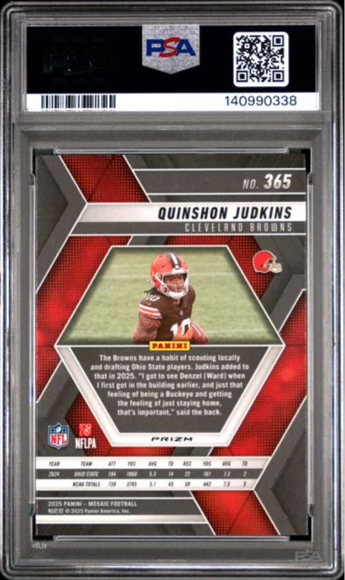 Graded 2025 Panini Mosaic Quinshon Judkins #365 Mosaic Rookie RC Football Card PSA 10 Gem Mint - Image 2