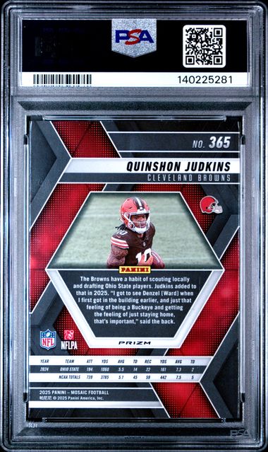 Graded 2025 Panini Mosaic Quinshon Judkins #365 Red Camo Rookie RC Football Card PSA 10 Gem Mint - Image 2