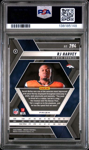Graded 2025 Panini Mosaic RJ Harvey #284 Mosaic Variation Rookie RC Football Card PSA 10 Gem Mint - Image 2