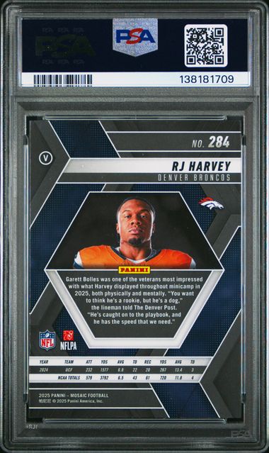 Graded 2025 Panini Mosaic RJ Harvey #284 Variation Rookie RC Football Card PSA 10 Gem Mint - Image 2