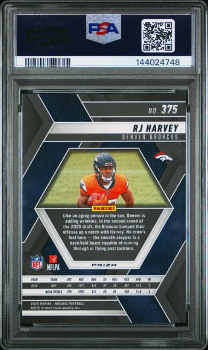 Graded 2025 Panini Mosaic RJ Harvey #375 Mosaic Rookie RC Football Card PSA 10 Gem Mint - Image 2