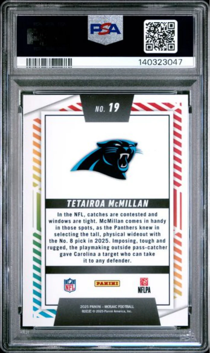 Graded 2025 Panini Mosaic Tetairoa McMillan #19 Men of Mastery Rookie RC Football Card PSA 10 Gem Mint - Image 2