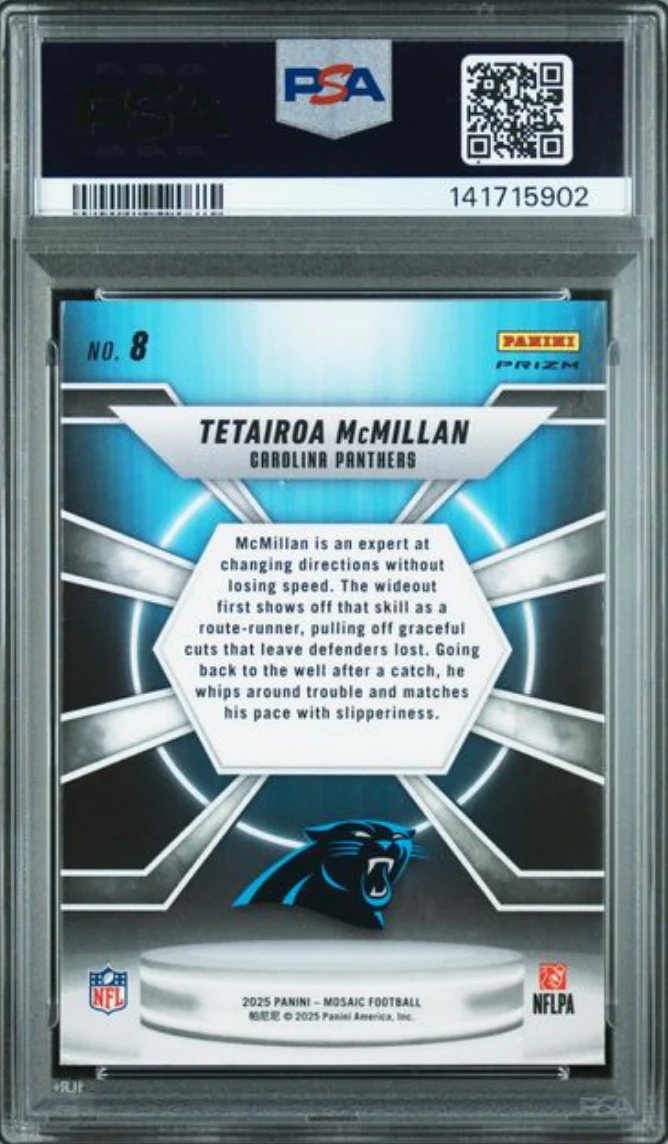 Graded 2025 Panini Mosaic Tetairoa McMillan #8 Center Stage Rookie RC Football Card PSA 10 Gem Mint - Image 2