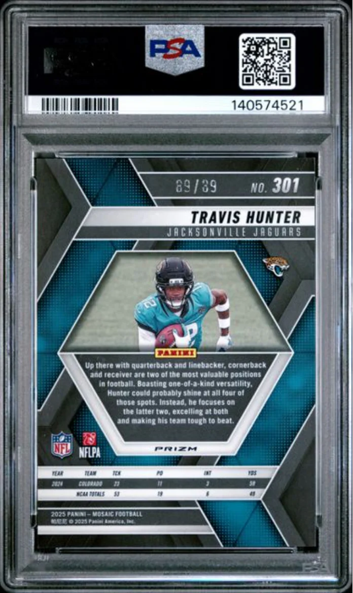 Graded 2025 Panini Mosaic Travis Hunter #301 Fusion Red/Yellow Choice /89 Rookie RC Football Card PSA 10 Gem Mint - Image 2