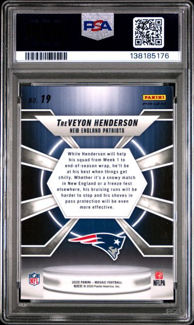 Graded 2025 Panini Mosaic TreVeyon Henderson #19 Center Stage Silver Rookie RC Football Card PSA 10 Gem Mint - Image 2
