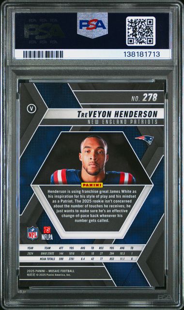 Graded 2025 Panini Mosaic TreVeyon Henderson #278 Variation Rookie RC Football Card PSA 10 Gem Mint - Image 2