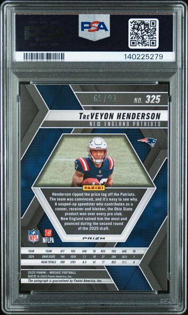 Graded 2025 Panini Mosaic TreVeyon Henderson #325 /99 Blue Autograph Rookie RC Football Card PSA 10 Gem Mint - Image 2
