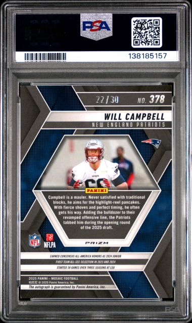 Graded 2025 Panini Mosaic Will Campbell #378 /30 Pink Spectris FOTL Auto Rookie RC Football Card PSA 9 Mint - Image 2