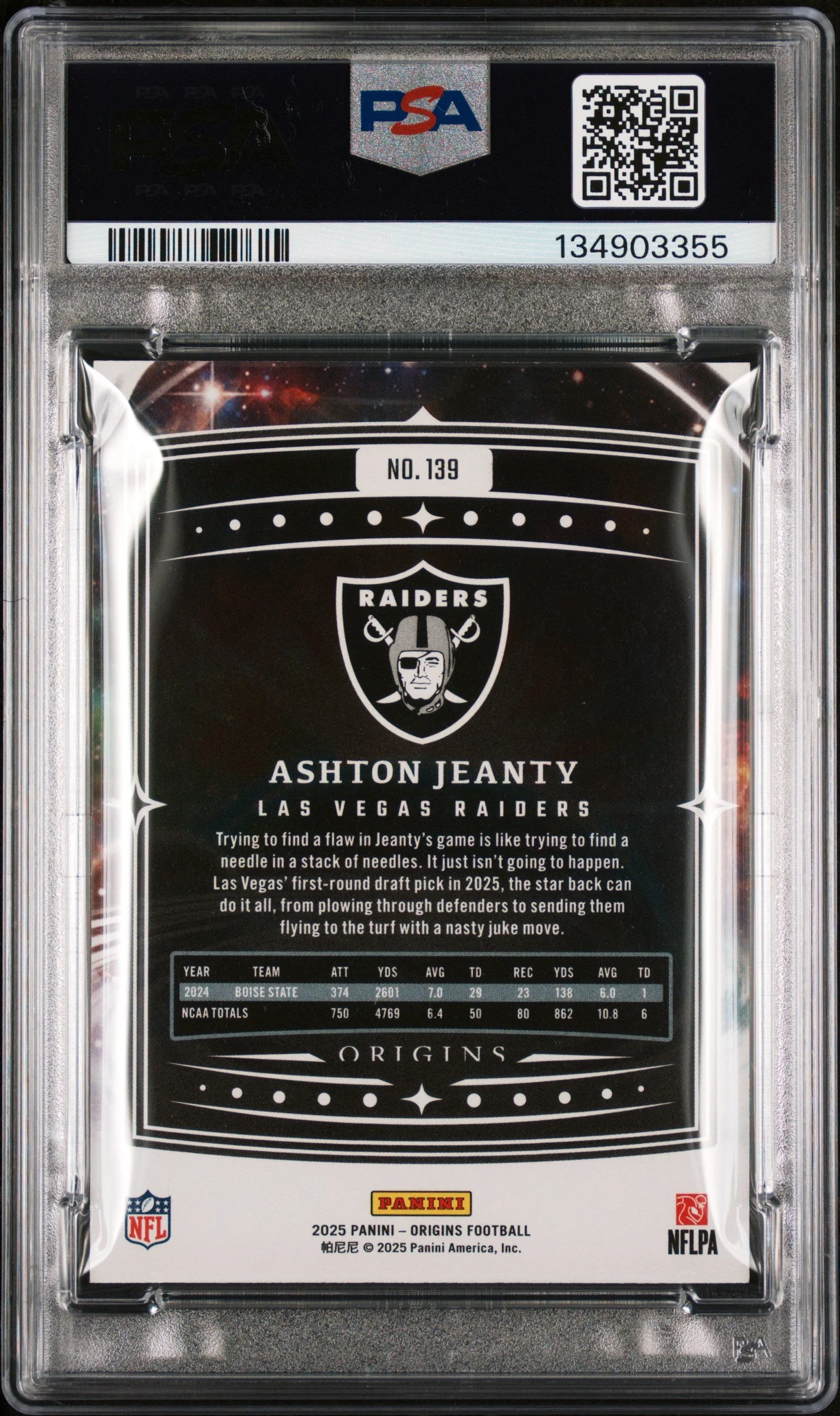 Graded 2025 Panini Origins Ashton Jeanty #139 Rookie RC Football Card PSA 10 Gem Mint - Image 2