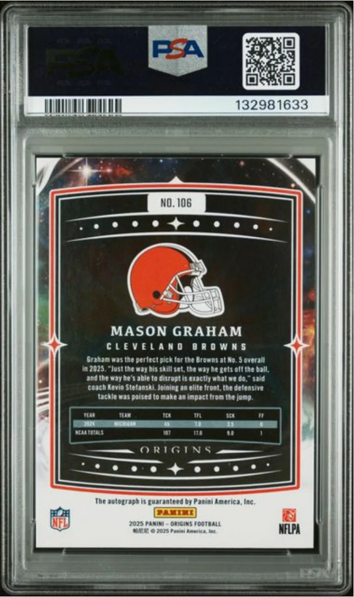 Graded 2025 Panini Origins Mason Graham #106 Signature /99 Rookie RC Football Card PSA 10 Gem Mint - Image 2