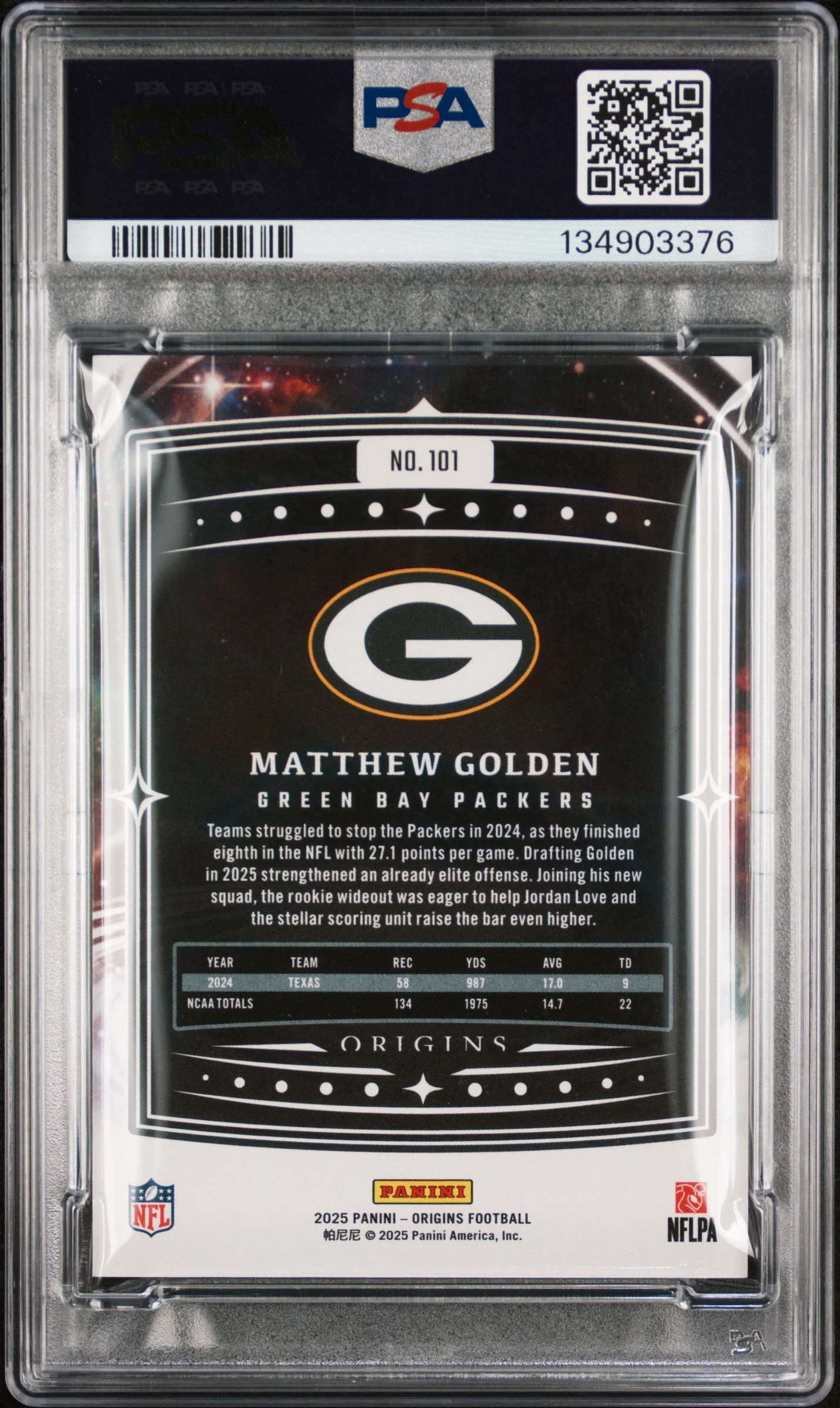 Graded 2025 Panini Origins Matthew Golden #101 Rookie RC Football Card PSA 8 Near Mint - Image 2