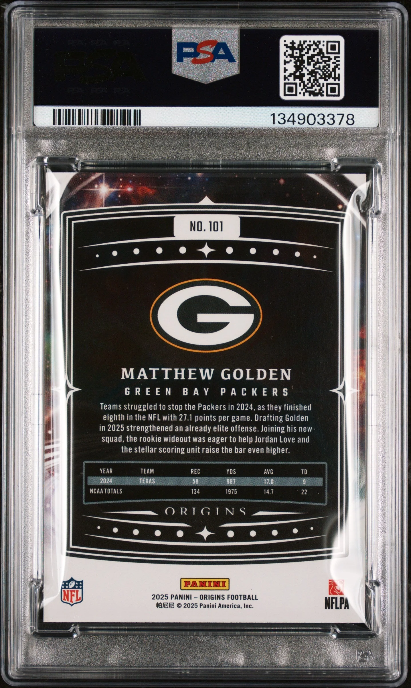 Graded 2025 Panini Origins Matthew Golden #101 Rookie RC Football Card PSA 9 Mint - Image 2