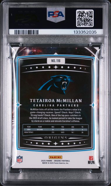 Graded 2025 Panini Origins Tetairoa McMillan #116 Rookie RC Football Card PSA 10 Gem Mint - Image 2