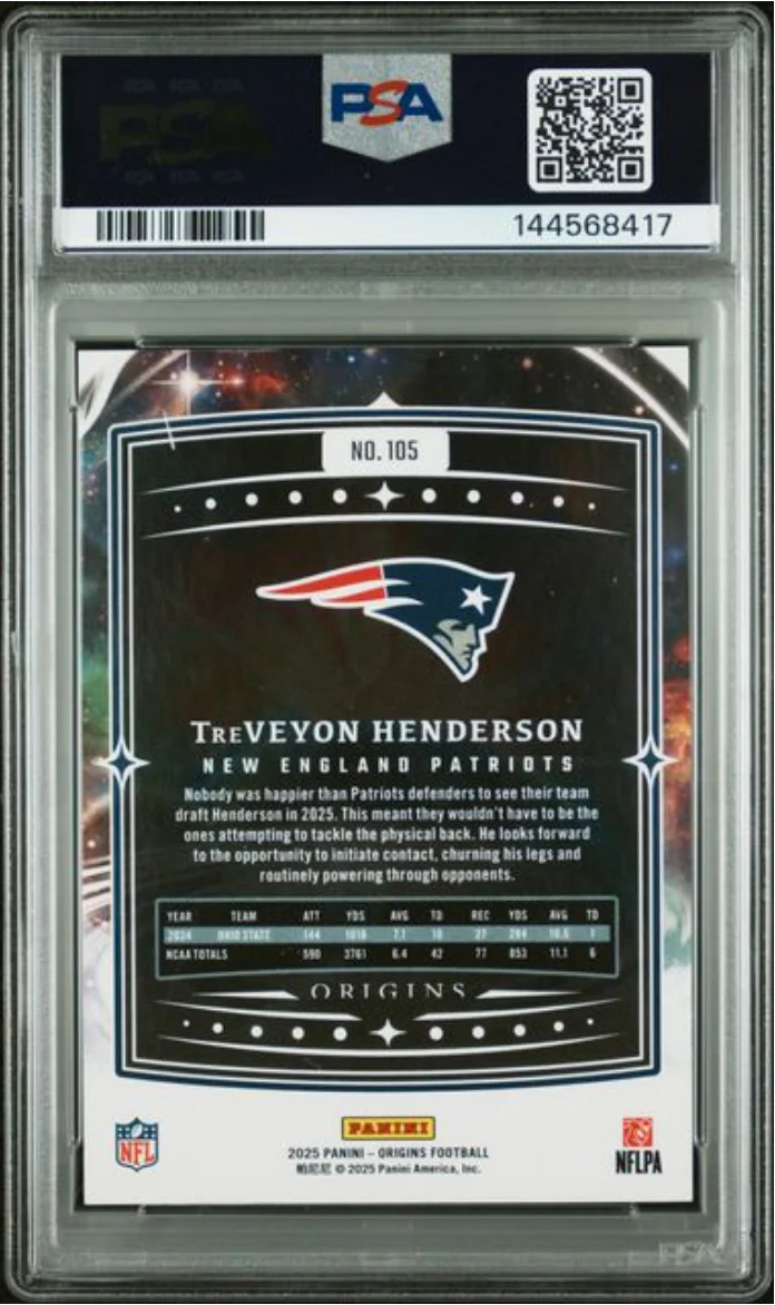 Graded 2025 Panini Origins TreVeyon Henderson #105 Holo Orange /249 Rookie RC Football Card PSA 10 Gem Mint - Image 2