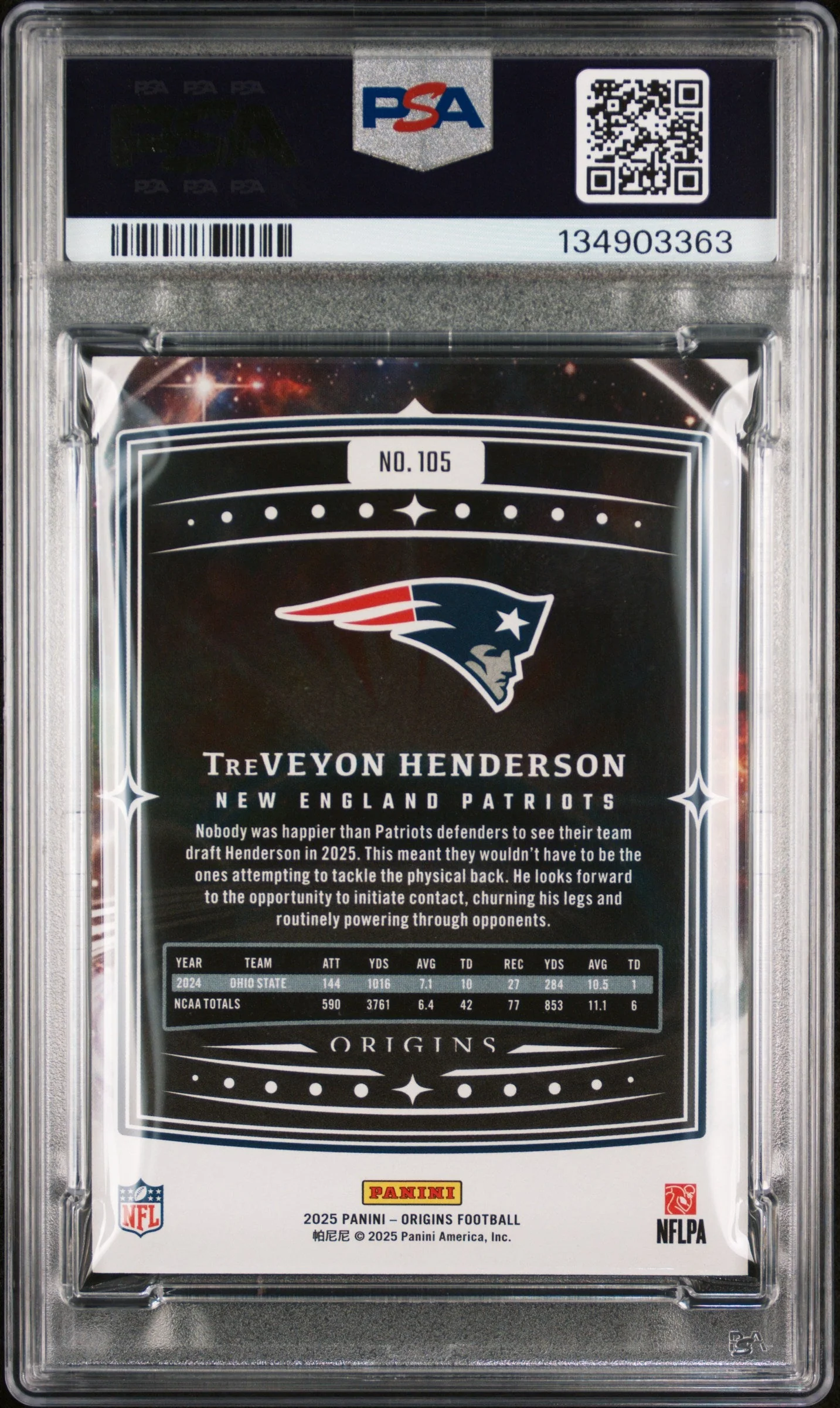 Graded 2025 Panini Origins TreVeyon Henderson #105 Rookie RC Football Card PSA 10 Gem Mint - Image 2
