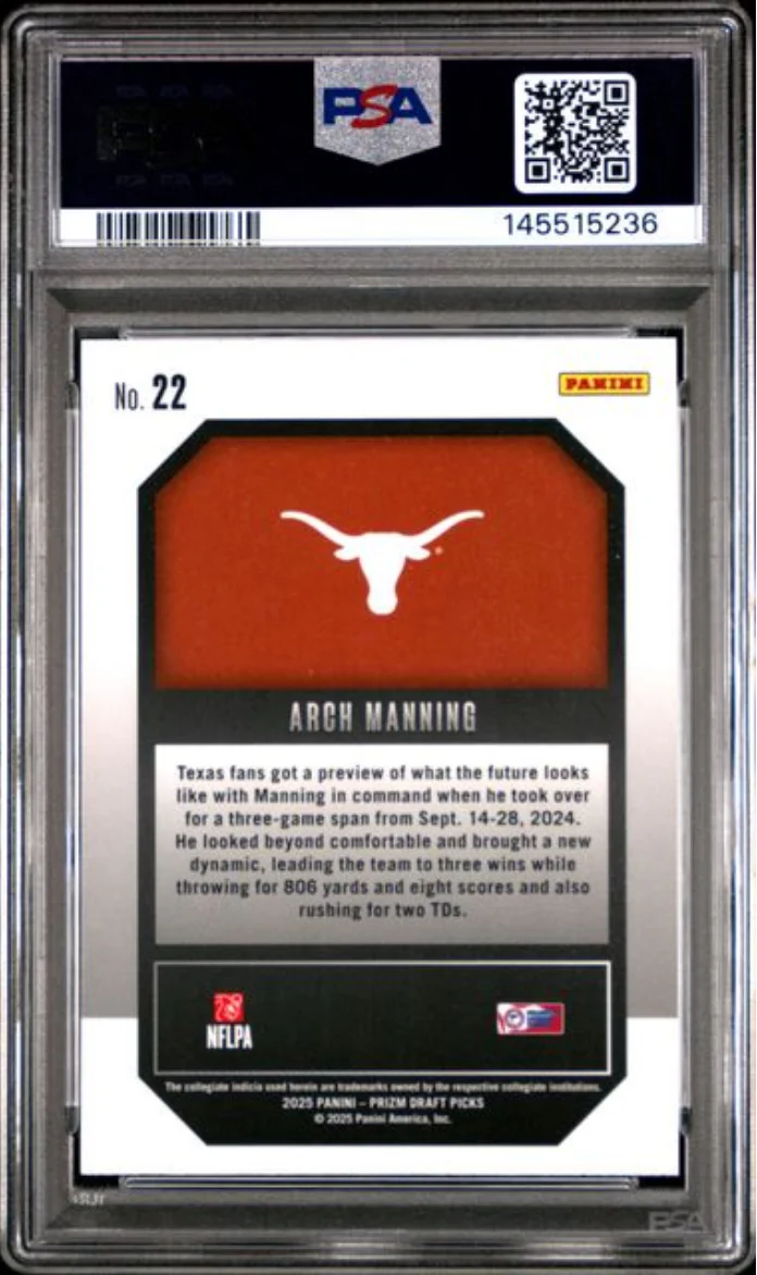 Graded 2025 Panini Prizm Draft Picks Arch Manning #22 New Recruits Rookie RC Football Card PSA 10 Gem Mint - Image 2