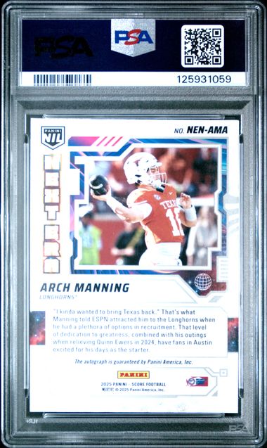 Graded 2025 Panini Score Arch Manning #NEN-AMA Next Era Auto Texas Longhorns Rookie RC Football Card PSA 9 Mint - Image 2