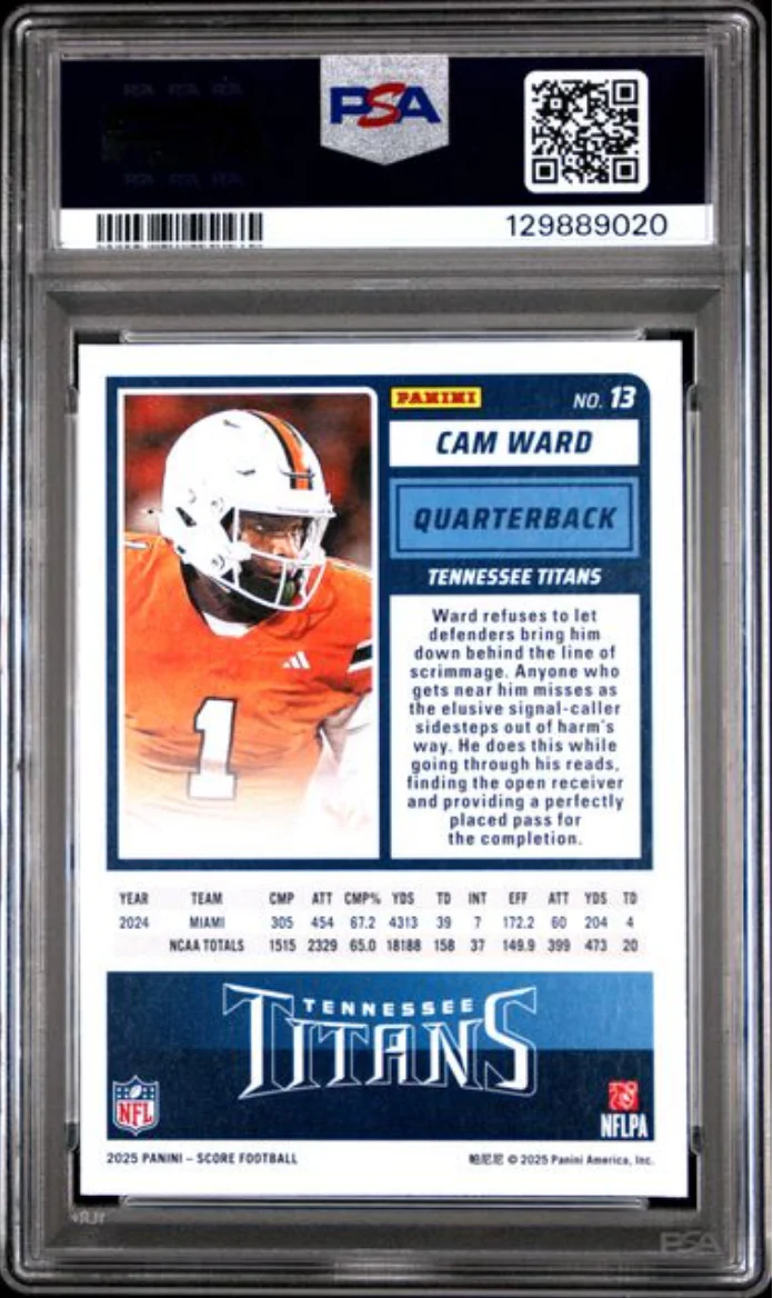 Graded 2025 Panini Score Cam Ward #13 Rookie RC Football Card PSA 10 Gem Mint - Image 2