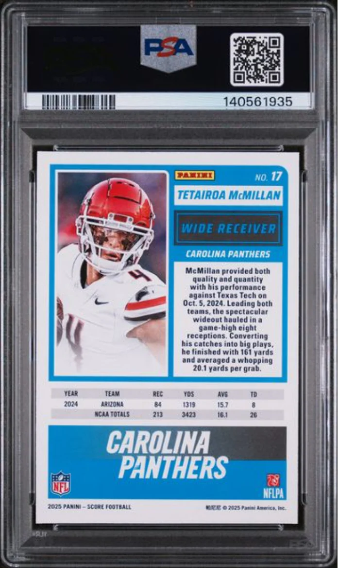 Graded 2025 Panini Score Tetairoa McMillan #17 Rookie RC Football Card PSA 10 Gem Mint - Image 2