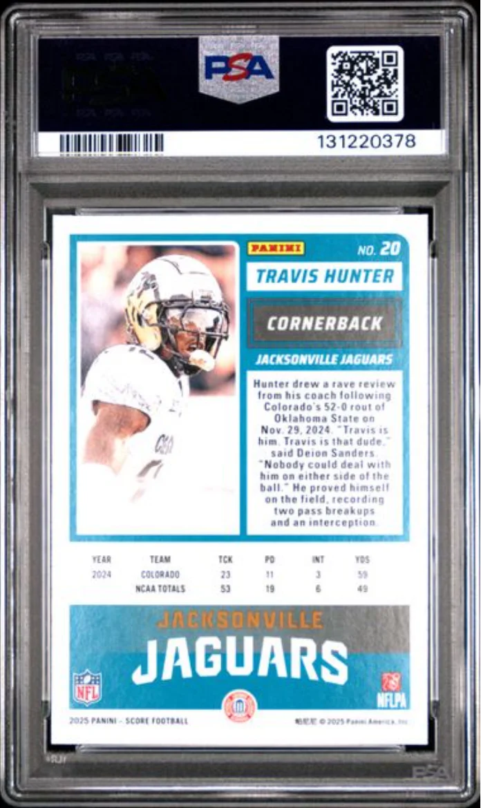 Graded 2025 Panini Score Travis Hunter #20 Rookie RC Football Card PSA 10 Gem Mint - Image 2