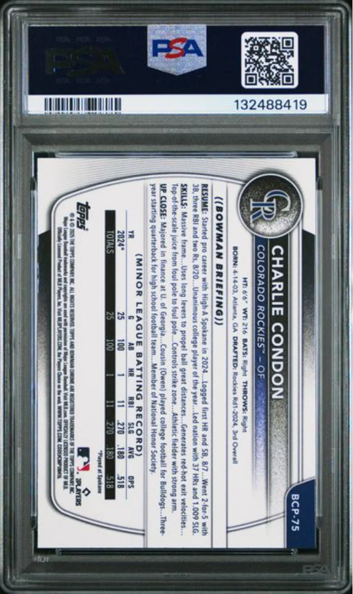 Graded 2025 Topps Bowman Charlie Condon #BCP75 Chrome Prospects Green Geometric /99 Rookie RC Baseball Card PSA 10 Gem Mint - Image 2
