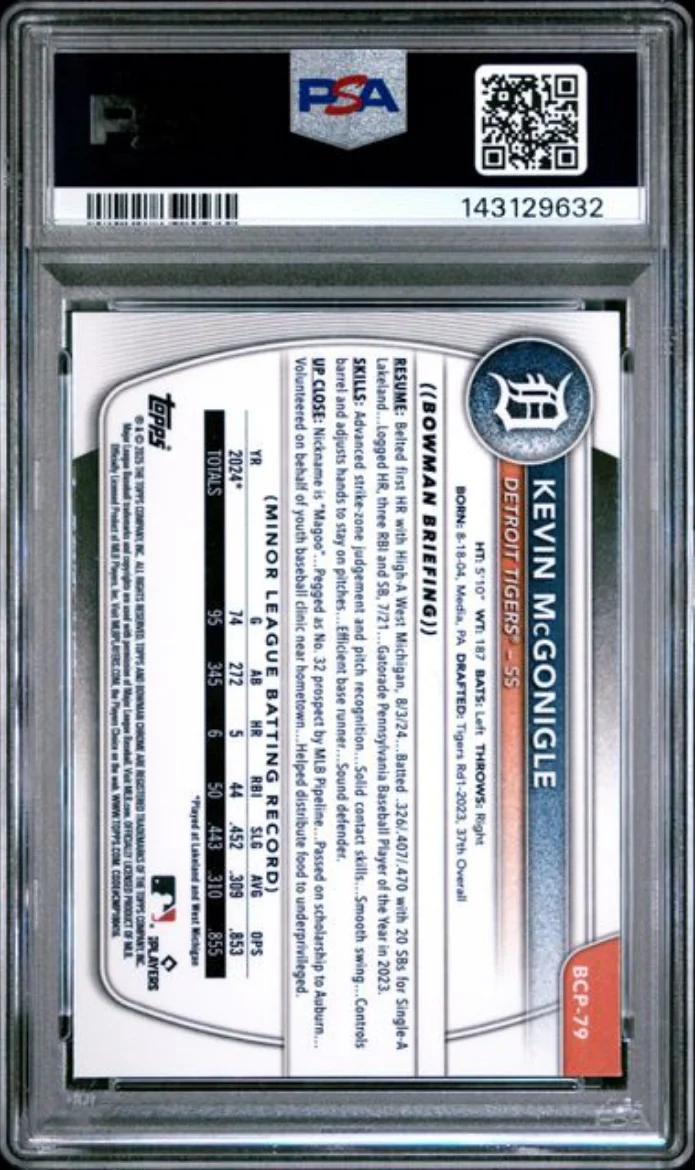 Graded 2025 Topps Bowman Chrome Kevin McGonigle #BCP79 Chrome Prospects Rookie RC Baseball Card PSA 10 Gem Mint - Image 2
