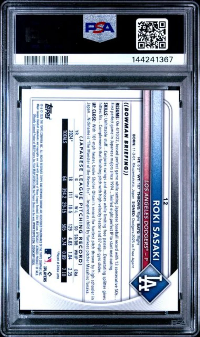 Graded 2025 Topps Bowman Chrome Roki Sasaki #12 Rookie RC Baseball Card PSA 10 Gem Mint - Image 2