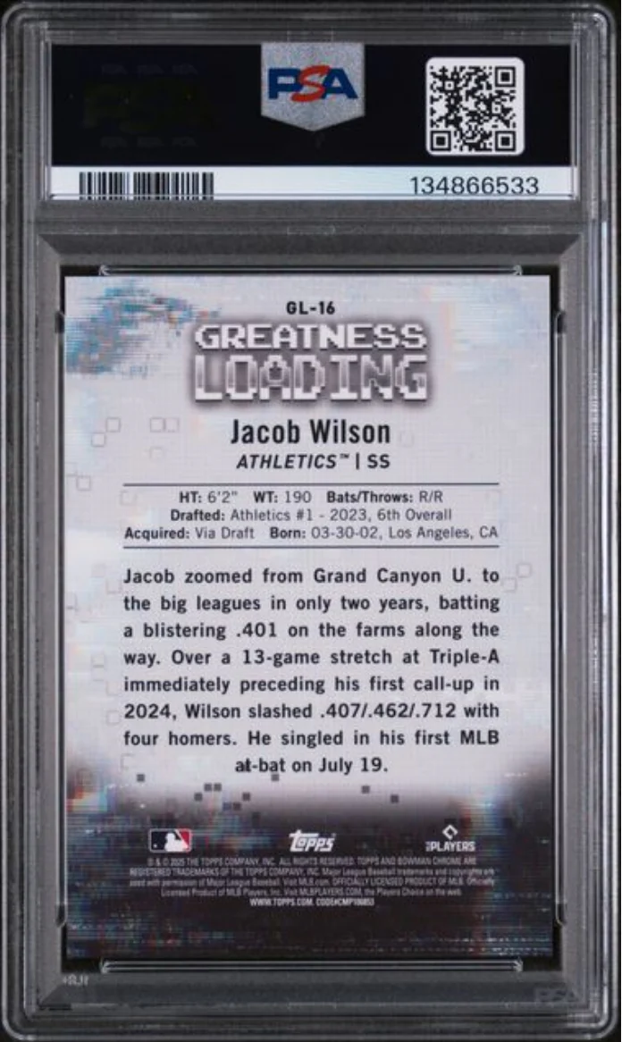 Graded 2025 Topps Bowman Jacob Wilson #GL16 Greatness Loading Green Refractor /99 Rookie RC Baseball Card PSA 10 Gem Mint - Image 2