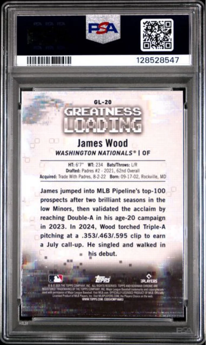 Graded 2025 Topps Bowman James Wood #GL20 Greatness Loading Rookie RC Baseball Card PSA 10 Gem Mint - Image 2