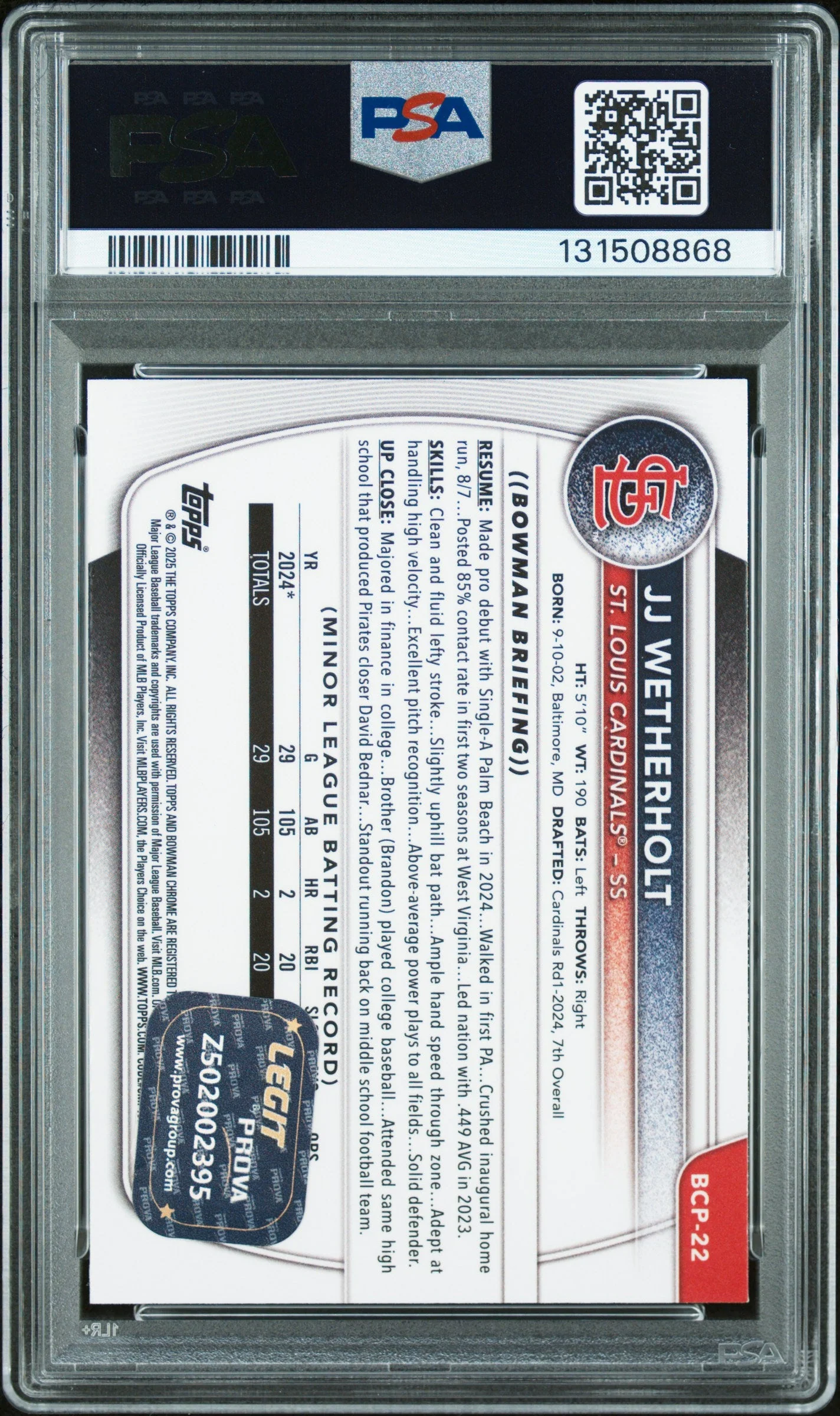 Graded 2025 Topps Bowman JJ Wetherholt #BCP-22 Chrome Prospects Rookie RC Baseball Card PSA 10 Auto Grade Gem Mint - Image 2