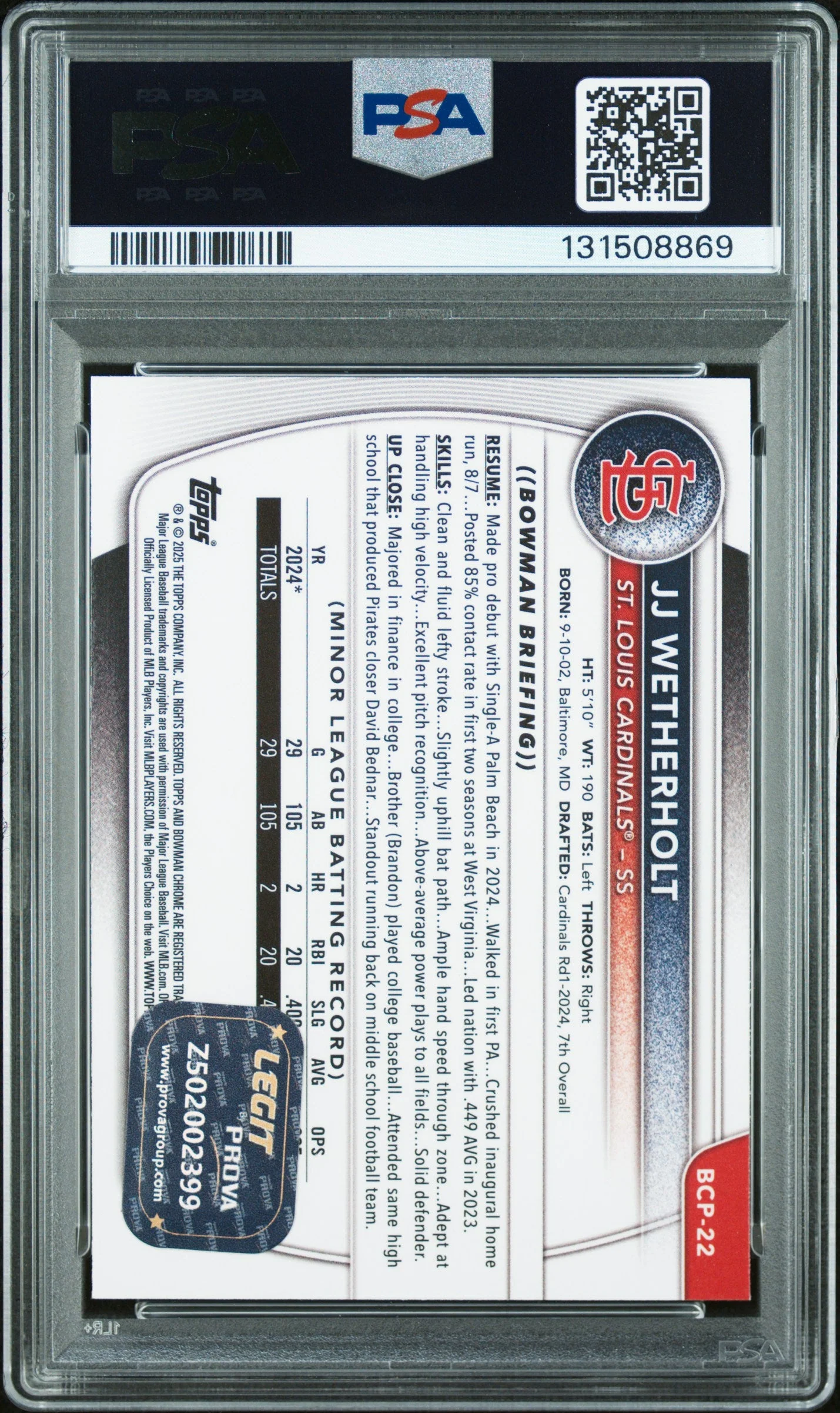 Graded 2025 Topps Bowman JJ Wetherholt #BCP-22 Chrome Prospects Rookie RC Baseball Card PSA 9 Auto Grade Mint - Image 2