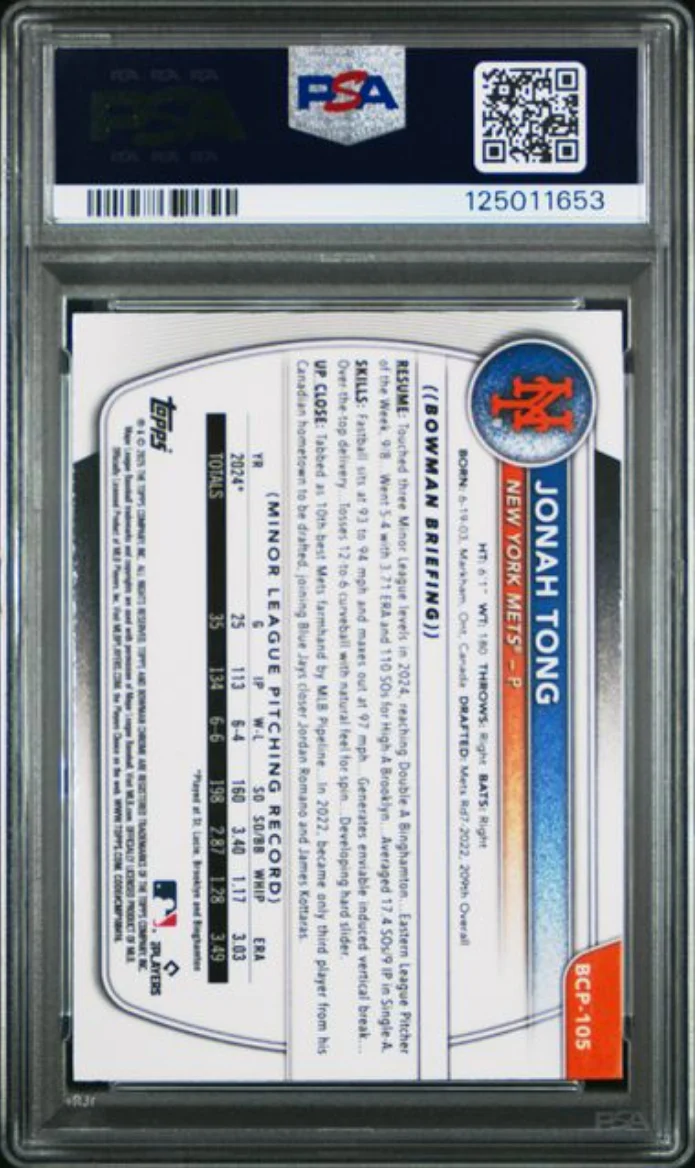 Graded 2025 Topps Bowman Jonah Tong #BCP105 Chrome Prospects Fuschia Wave /199 Rookie RC Baseball Card PSA 10 Gem Mint - Image 2