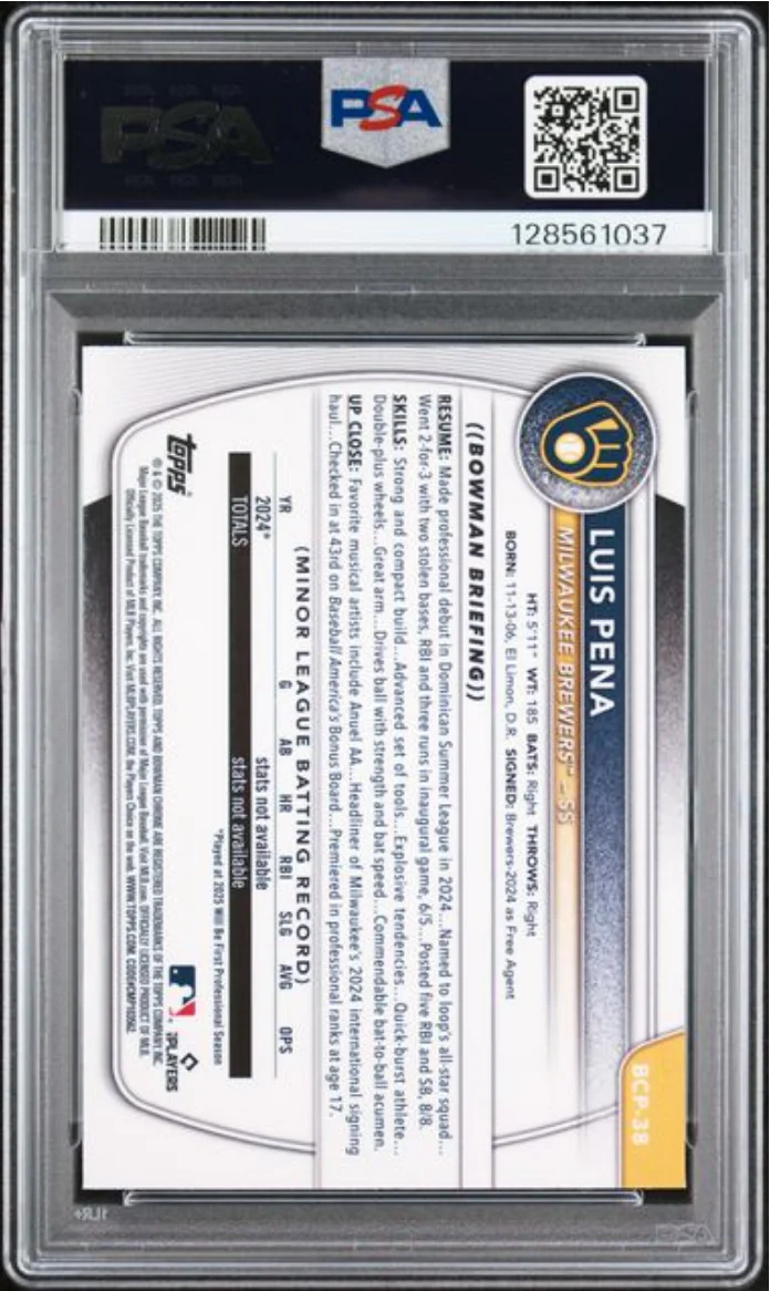 Graded 2025 Topps Bowman Mega Box Luis Pena #38 Prospects Fuschia Refractor /299 Rookie RC Baseball Card PSA 10 Gem Mint - Image 2
