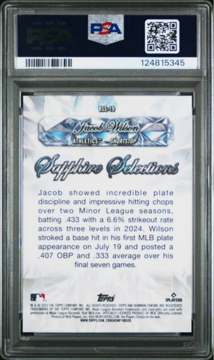Graded 2025 Topps Bowman Sapphire Jacob Wilson #BSS19 Sapphire Selections Rookie RC Baseball Card PSA 10 Gem Mint - Image 2