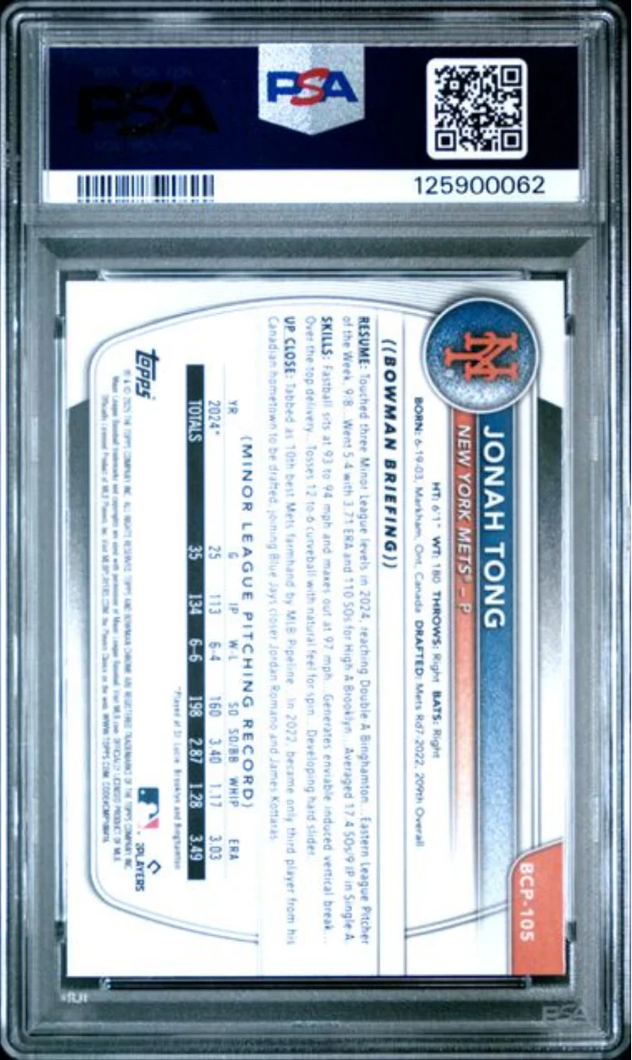 Graded 2025 Topps Bowman Sapphire Jonah Tong #BCP105 Chrome Prospects Rookie RC Baseball Card PSA 10 Gem Mint - Image 2
