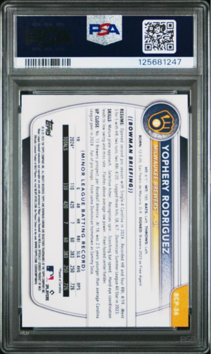 Graded 2025 Topps Bowman Sapphire Yophery Rodriguez #BCP36 Chrome Prospects Rookie RC Baseball Card PSA 10 Gem Mint - Image 2