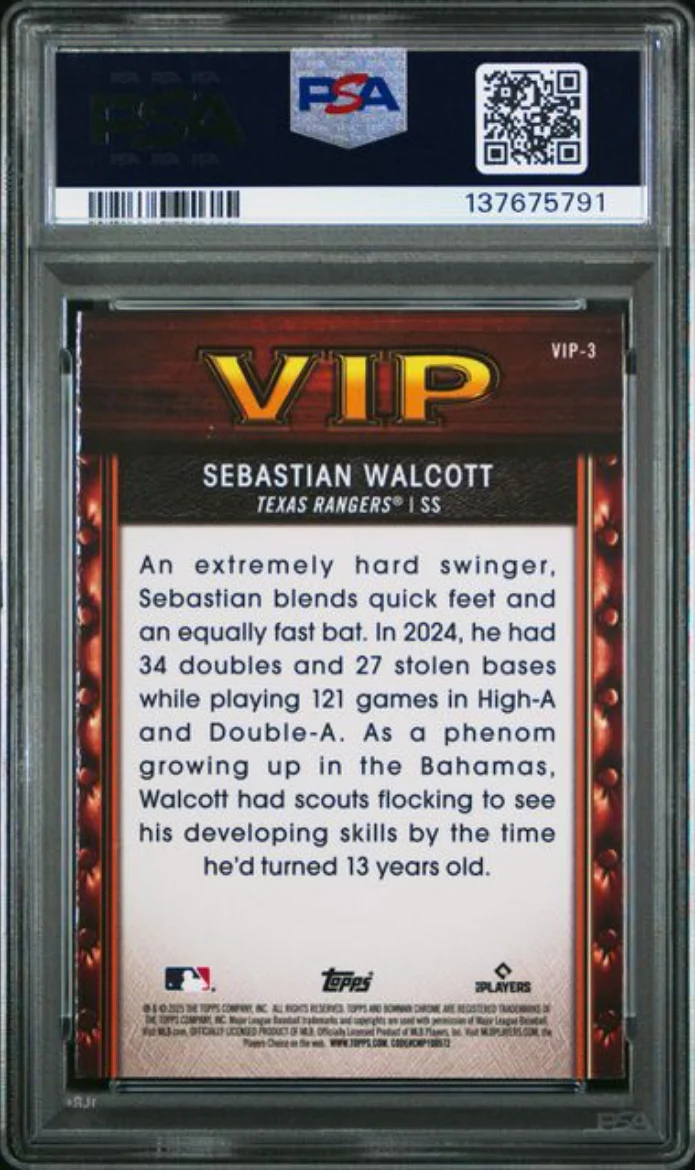 Graded 2025 Topps Bowman Sebastian Walcott #VIP3 Very Important Prospects Rookie RC Baseball Card PSA 10 Gem Mint - Image 2