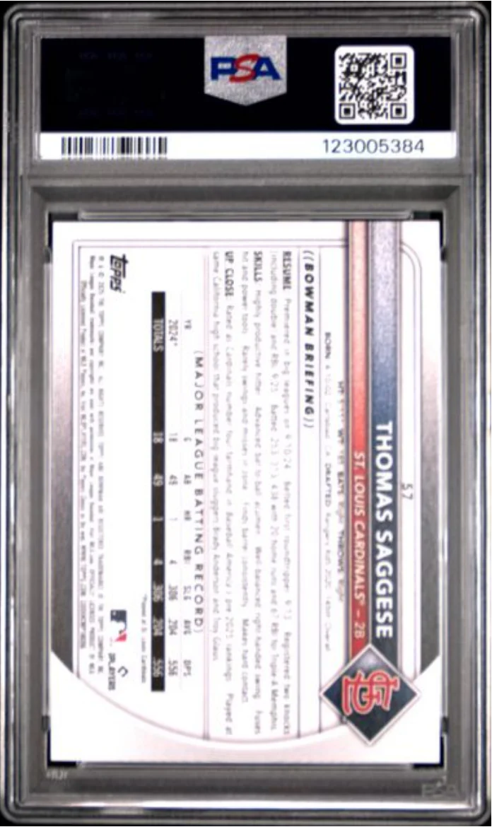 Graded 2025 Topps Bowman Thomas Saggese #57 Rookie RC Baseball Card PSA 10 Gem Mint - Image 2