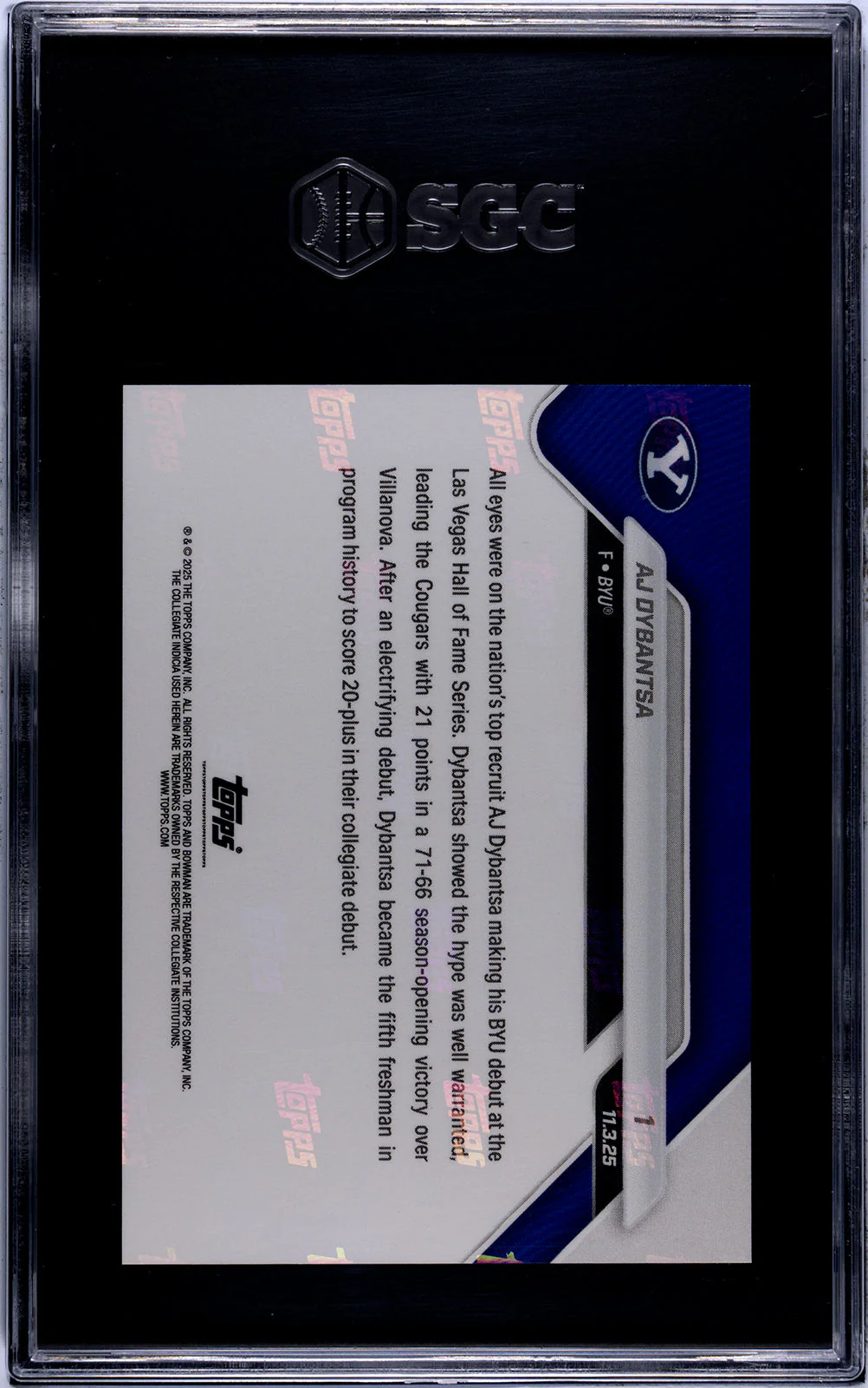 Graded 2025 Topps Bowman U Now AJ Dybantsa #1 Rookie RC Basketball Card SGC 10 Gem Mint - Image 2