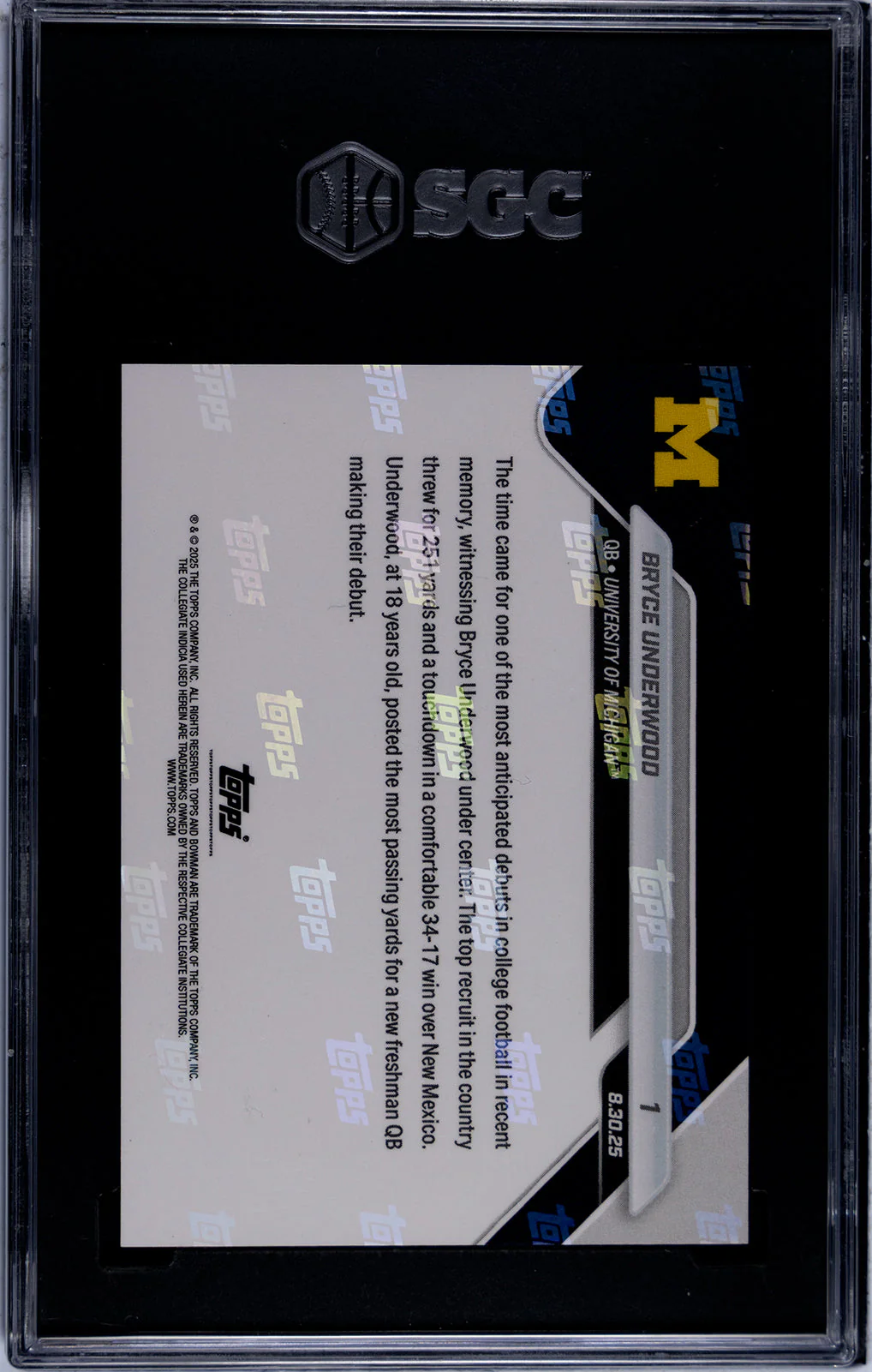 Graded 2025 Topps Bowman U Now Bryce Underwood #1 Generational Recruit Shines in Wolverines Debut Rookie RC Football Card SGC 9 Mint - Image 2