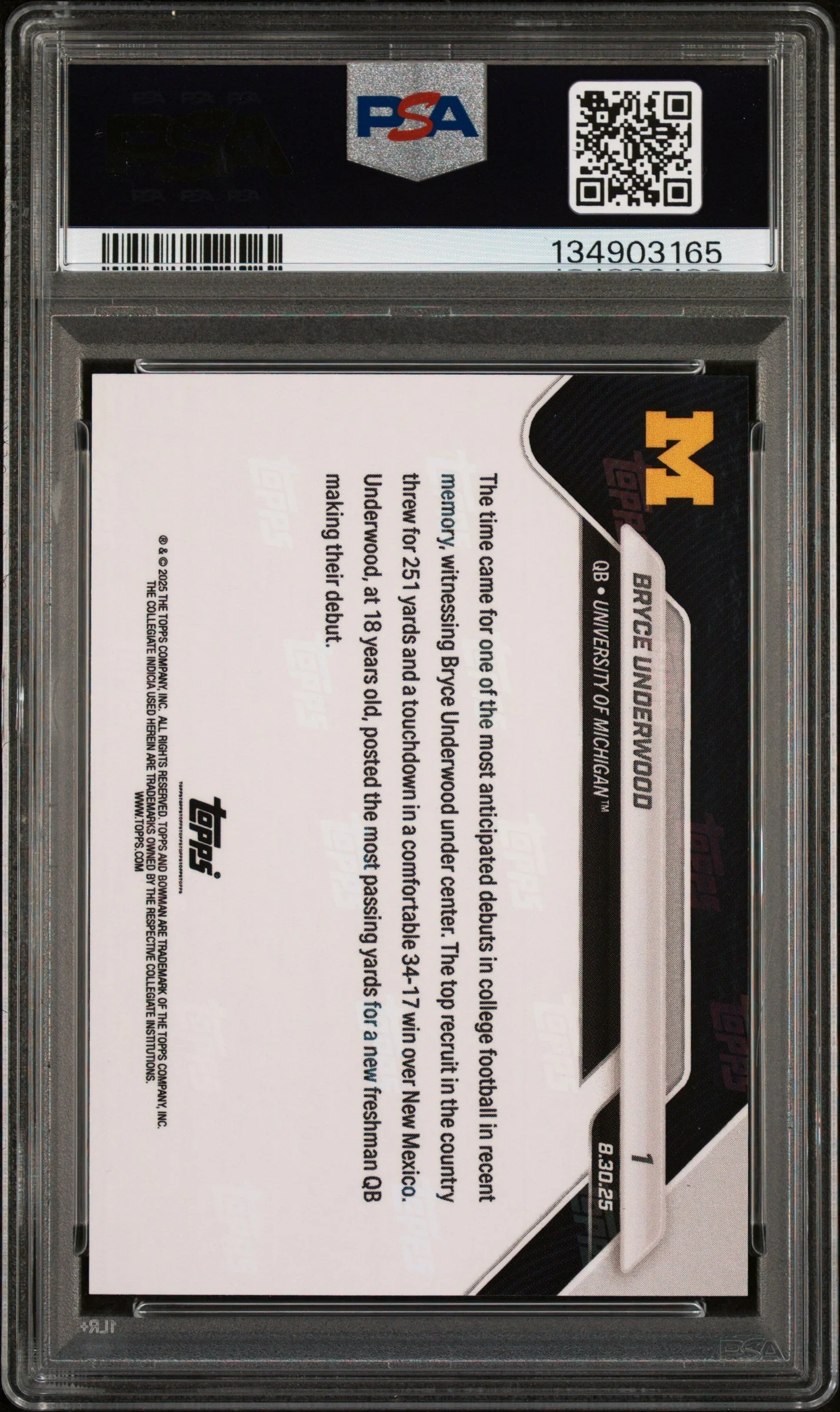 Graded 2025 Topps Bowman U Now Bryce Underwood #1 Orange Foil /25 Rookie RC Football Card PSA 10 Gem Mint - Image 2