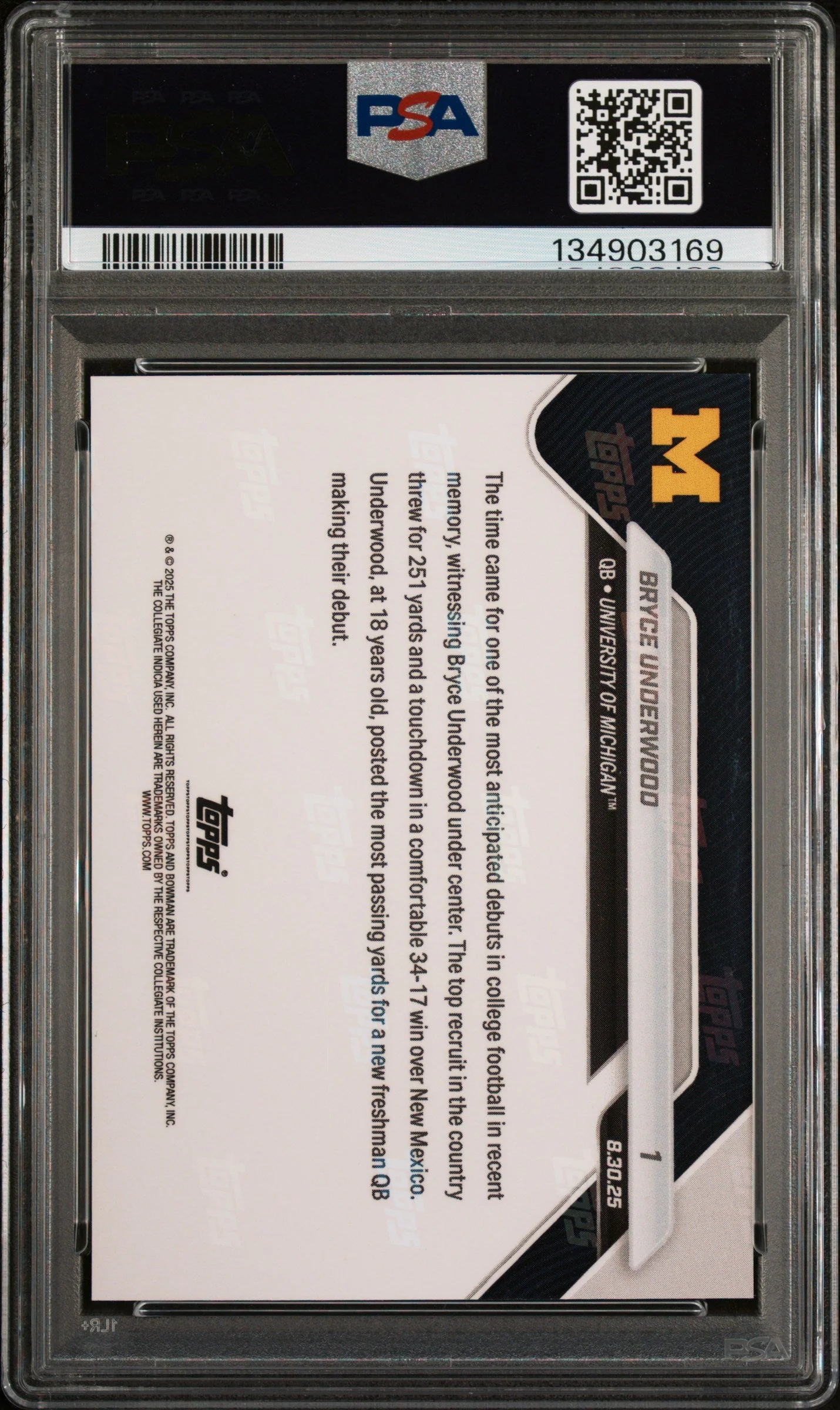 Graded 2025 Topps Bowman U Now Bryce Underwood #1 Rookie RC Football Card PSA 10 Gem Mint - Image 2