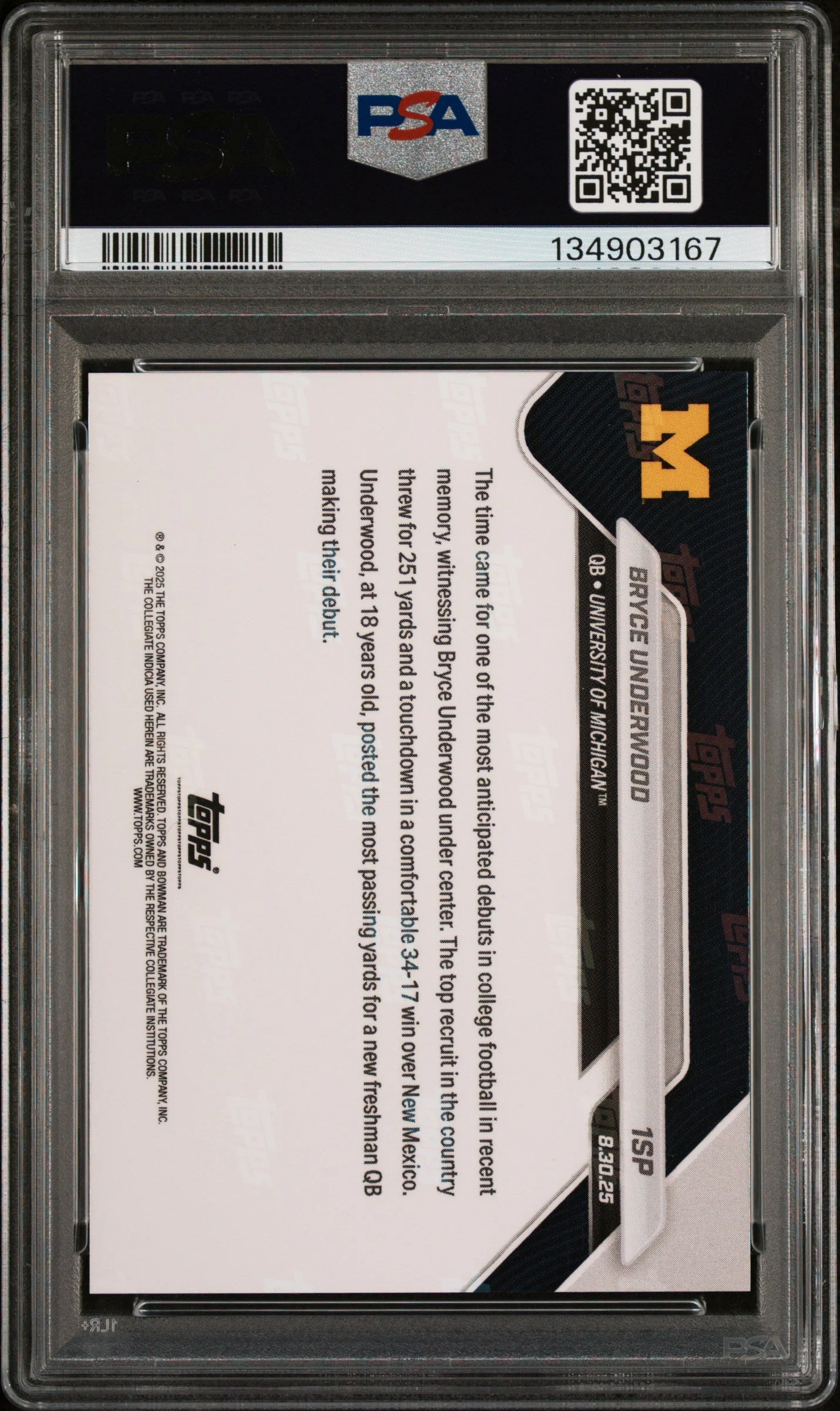 Graded 2025 Topps Bowman U Now Bryce Underwood #1SP Rookie RC Football Card PSA 9 Mint - Image 2