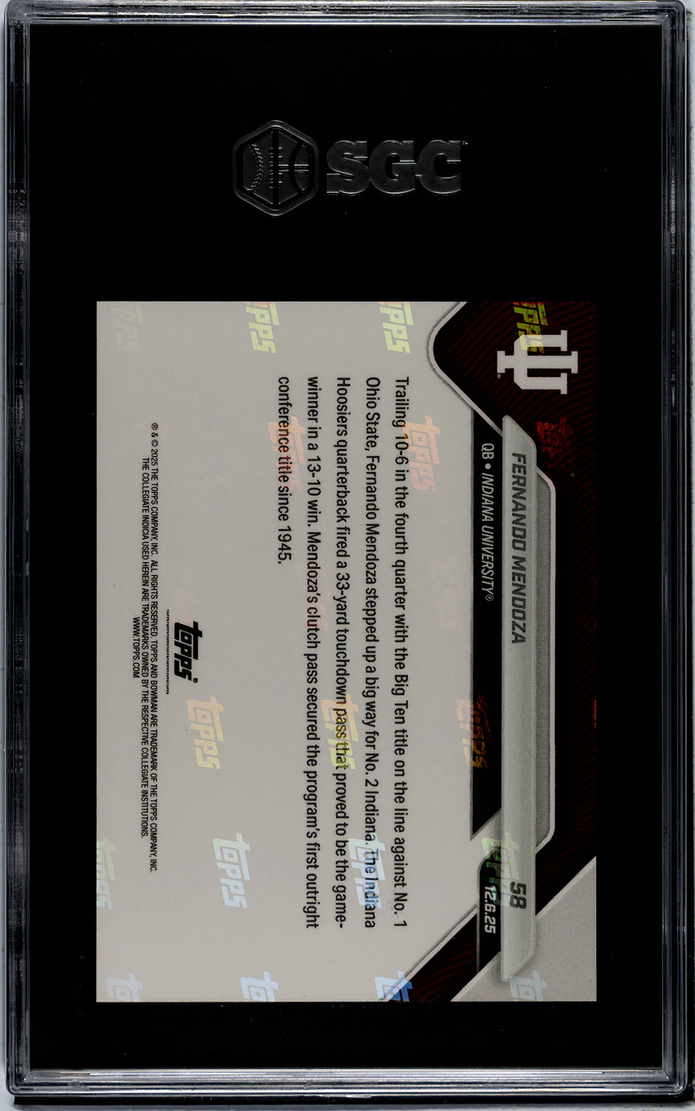 Graded 2025 Topps Bowman U Now Fernando Mendoza #58 Rookie RC Football Card SGC 10 Gem Mint - Image 2