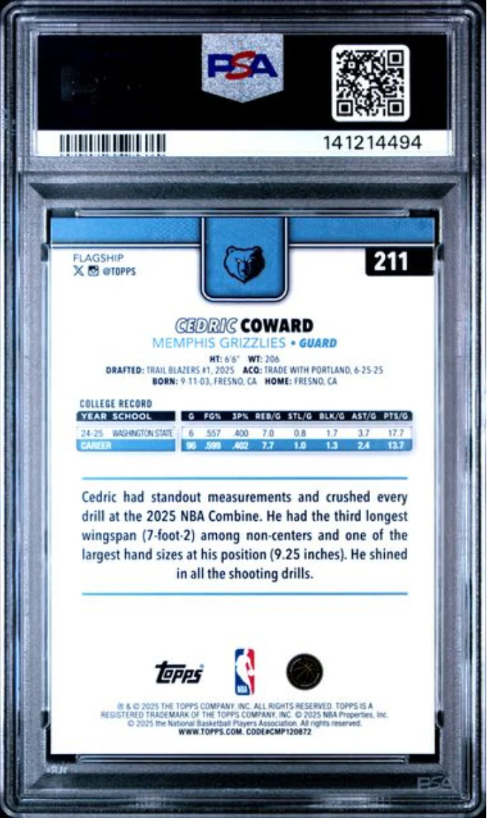 Graded 2025 Topps Cedric Coward #211 Holo Foil Rookie RC Basketball Card PSA 10 Gem Mint - Image 2