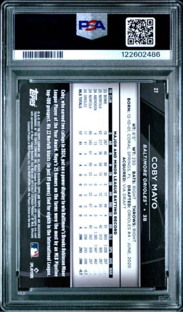 Graded 2025 Topps Chrome Black Coby Mayo #27 Rookie RC Baseball Card PSA 10 Gem Mint - Image 2