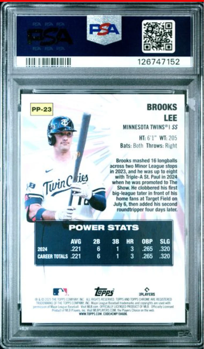 Graded 2025 Topps Chrome Brooks Lee #PP23 Power Players Rookie RC Baseball Card PSA 10 Gem Mint - Image 2