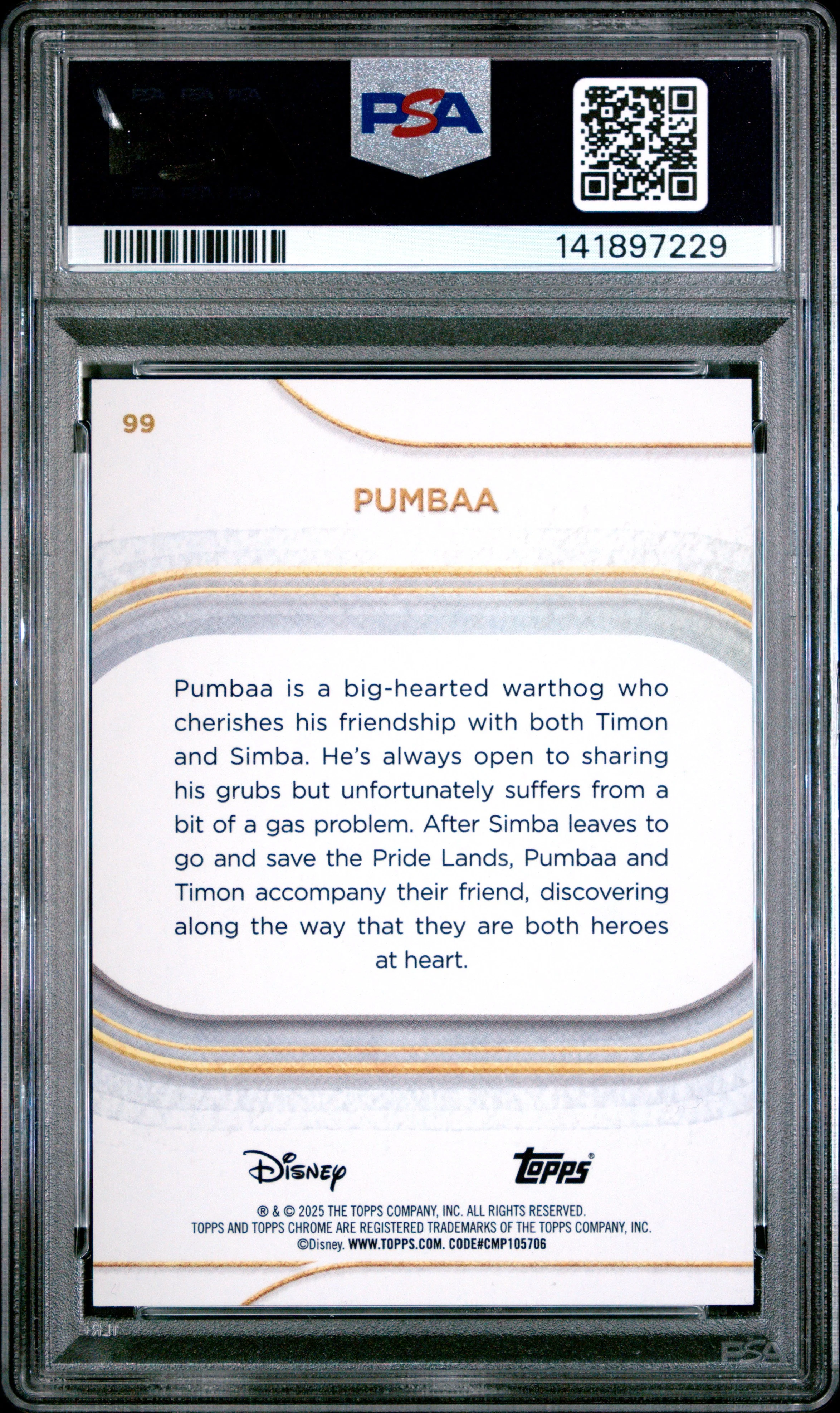 Graded 2025 Topps Chrome Disney Pumbaa #99 Pink Refractor #/250 The Lion King Trading Card PSA 10 Gem Mint - Image 2